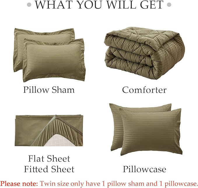 NexHome Queen Comforter Set, 7-Pieces Olive Green Bed in a Bag Queen Size Reversible Comforter All Season Soft Bedding Sets with Comforter, Flat Sheet, Fitted Sheet, Pillowcases & Shams - LeafyLoom