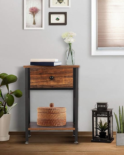 VECELO Modern Versatile Nightstands X-Design Side End Table Night Stand Storage Shelf with Bin Drawer for Living Room Bedroom, Brown+Black - LeafyLoom