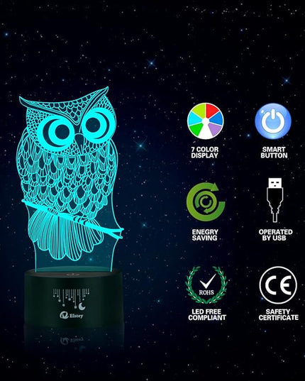 Elstey Owl 3D Illusion Lamp, 7 Color Changing Touch Table Desk LED Night Light Great Kids Gifts Home Decoration - LeafyLoom