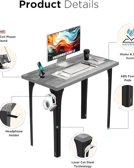 Home Office Computer Desk 35.4 inch gaming Desk, Modern and Minimalist home office desk, Home Office Desks, Study Desk, Craft table Black Metal Designed Frame, Gray Oak Board Color. - LeafyLoom