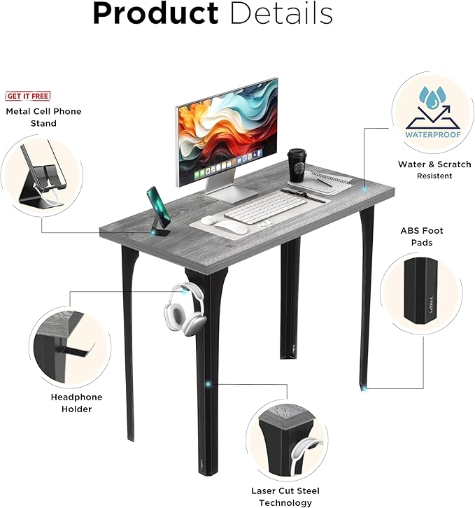Home Office Computer Desk 35.4 inch gaming Desk, Modern and Minimalist home office desk, Home Office Desks, Study Desk, Craft table Black Metal Designed Frame, Gray Oak Board Color. - LeafyLoom
