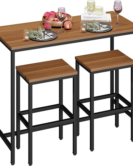 Yongchuang 3 Piece Bar Table Set, Bar Table and Chairs Set of 2, Modern Counter Height Table with 2 Stools for Kitchen, Dining Room, Living Room Breakfast Table Industrial Brown Wood Top - LeafyLoom