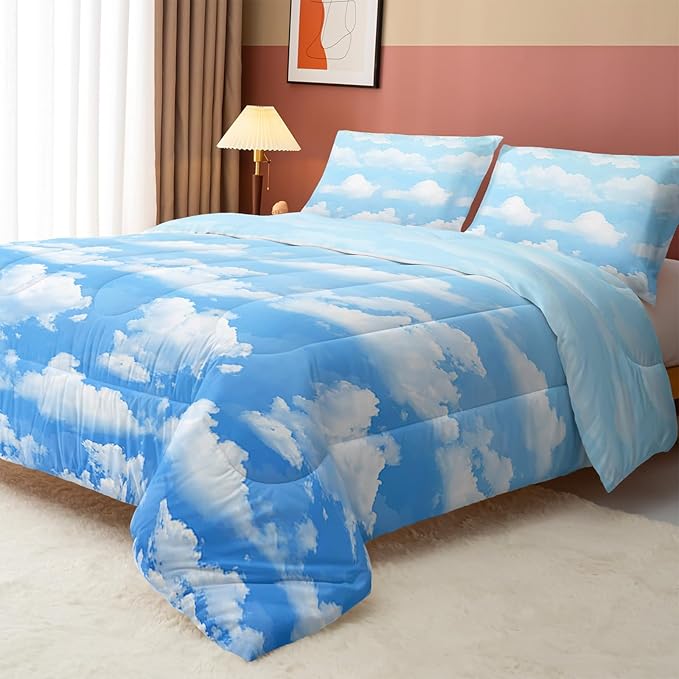 Axolotl Blue Cloud Comforter Set Queen,Light Blue Bedding Set,Cloud Sky Comforter Set Blue Sky and White Clouds Design Bedding Set,Sky Blue Comforter for Kids Girls Boys Teens,1 Quilt 2 Pillowcases - LeafyLoom