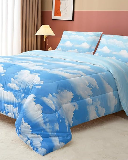 Axolotl Blue Cloud Comforter Set Twin,Light Blue Bedding Set,Cloud Sky Comforter Set Blue Sky and White Clouds Design Bedding Set,Sky Blue Comforter for Kids Girls Boys Teens,1 Quilt 2 Pillowcases - LeafyLoom