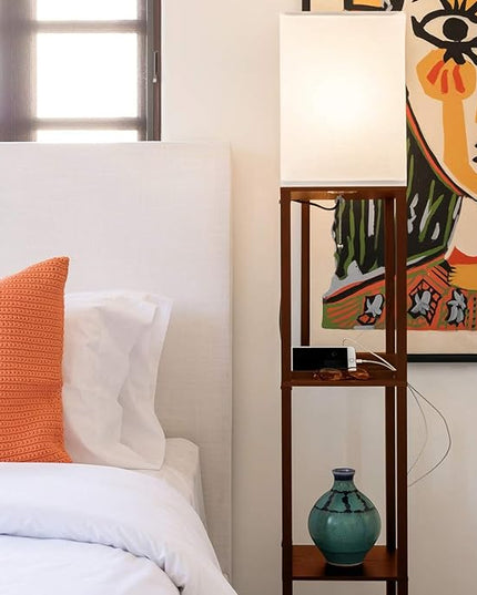 Brightech Maxwell Charger - Modern Shelf Floor Lamp with USB Charging Ports & Electric Outlet - Corner Display Floor Lamps with Shelves for Living Room, Bedroom and Office - Havana Brown - LeafyLoom