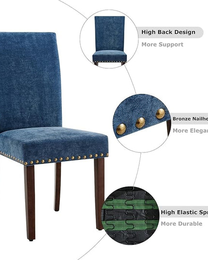 COLAMY Upholstered Parsons Dining Chairs Set of 4, Fabric Dining Room Kitchen Side Chair with Nailhead Trim and Wood Legs - Dark Blue - LeafyLoom
