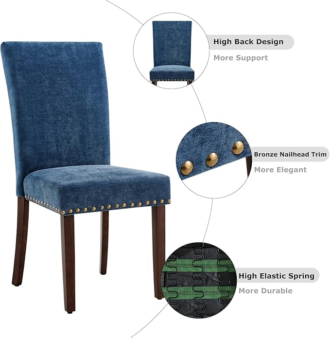 COLAMY Upholstered Parsons Dining Chairs Set of 4, Fabric Dining Room Kitchen Side Chair with Nailhead Trim and Wood Legs - Dark Blue - LeafyLoom