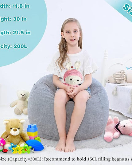 Stuffed Animal Storage Bean Bag Chair Cover (No Filler) for Kids and Adults.Soft Premium Corduroy Stuffable Beanbags for Organizing Children Plush Toys or Memory Foam Small 100L (Grey) - LeafyLoom