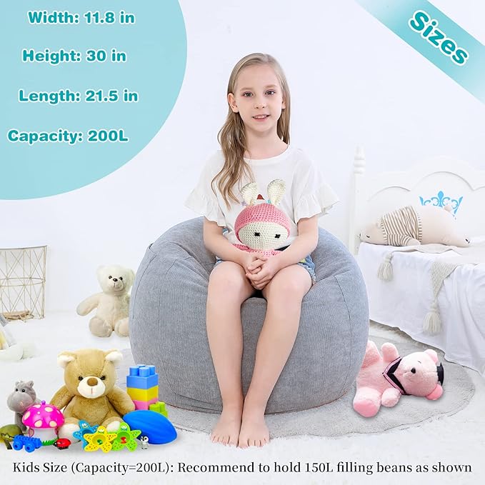 Stuffed Animal Storage Bean Bag Chair Cover (No Filler) for Kids and Adults.Soft Premium Corduroy Stuffable Beanbags for Organizing Children Plush Toys or Memory Foam Small 100L (Grey) - LeafyLoom