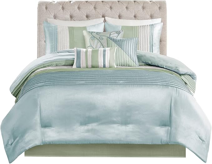 Madison Park Amherst Faux Silk Comforter Set-Casual Contemporary Design All Season Down Alternative Bedding, Matching Shams, Bedskirt, Decorative Pillows, Cal King(104"x92"), Green, 7 Piece (MP10-848) - LeafyLoom