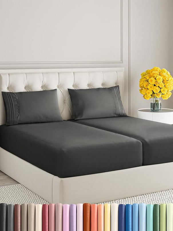 Split King Size 5 Piece Sheet Set - Comfy Breathable & Cooling Sheets - Hotel Luxury Bed Sheets for Women & Men - Deep Pockets, Easy-Fit, Soft & Wrinkle Free Sheets - Charcoal Oeko-Tex Bed Sheet Set - LeafyLoom