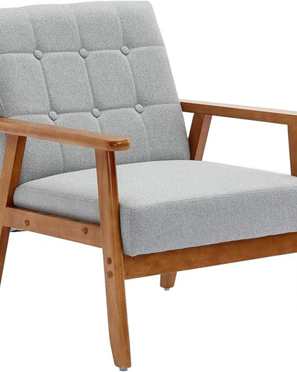 Mid-Century Accent, Modern Single Armchair, Upholstered Leisure Lounge Chair wth Solid Wood Armrest and Feet for Living Room, Bedroom, Office, Gray - LeafyLoom