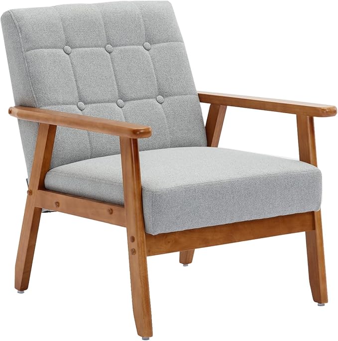 Mid-Century Accent, Modern Single Armchair, Upholstered Leisure Lounge Chair wth Solid Wood Armrest and Feet for Living Room, Bedroom, Office, Gray - LeafyLoom