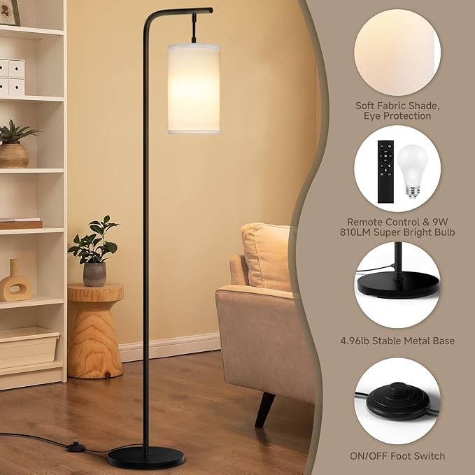 Floor Lamp for Living Room, 9W LED Bulb, Remote Custom Color Temperature & Brightness, Tall Standing Lamps for Bedroom Office Kid Room, Black - LeafyLoom