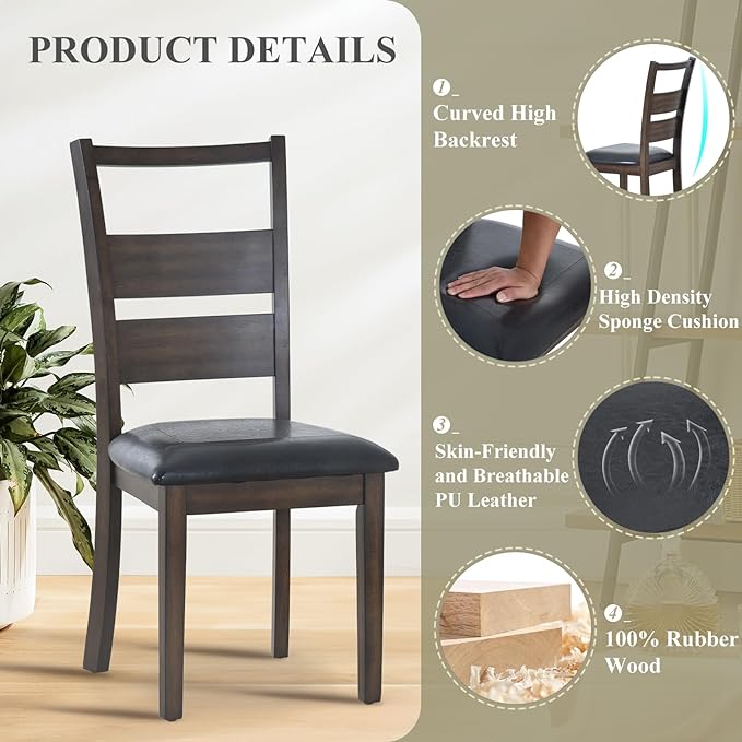 COLAMY Upholstered Dining Chairs Set of 2, PU Leather Dining Room Kitchen Side Chair with Ladder High Back and Adjustable Foot Pegs - Dark Brown - LeafyLoom