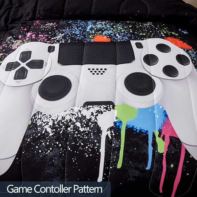 Gamer Bedding Sets for Boys, Full Size 3-Piece Gaming Comforter Sets for Kids Teens, Soft Microfiber Video Game Bedding Sets for Game Lovers, 1 Comforter and 2 Pillowcase(White,Full) - LeafyLoom