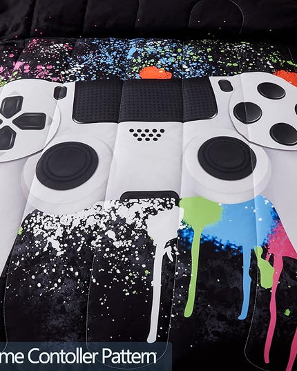 Gamer Bedding Sets for Boys, Queen Size 3-Piece Gaming Comforter Sets for Kids Teens, Soft Microfiber Video Game Bedding Sets for Game Lovers, 1 Comforter and 2 Pillowcase(White,Queen) - LeafyLoom