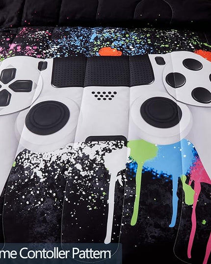 Gamer Bedding Sets for Boys, Twin Size 2-Piece Gaming Comforter Sets for Kids Teens, Soft Microfiber Video Game Bedding Sets for Game Lovers, 1 Comforter and 1 Pillowcase(White,Twin) - LeafyLoom