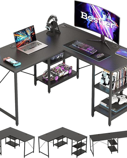 Bestier L Shaped Desk with Shelves 86 Inch Reversible Corner Computer Desk or 2 Person Long Table for Home Office Large Gaming Writing Storage Workstation P2 Board with 3 Cable Holes, Carbon Fiber - LeafyLoom