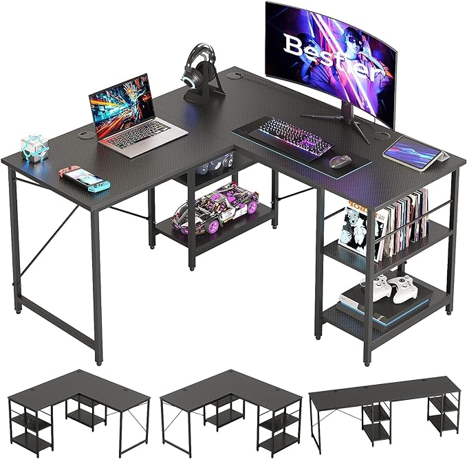 Bestier L Shaped Desk with Shelves 86 Inch Reversible Corner Computer Desk or 2 Person Long Table for Home Office Large Gaming Writing Storage Workstation P2 Board with 3 Cable Holes, Carbon Fiber - LeafyLoom