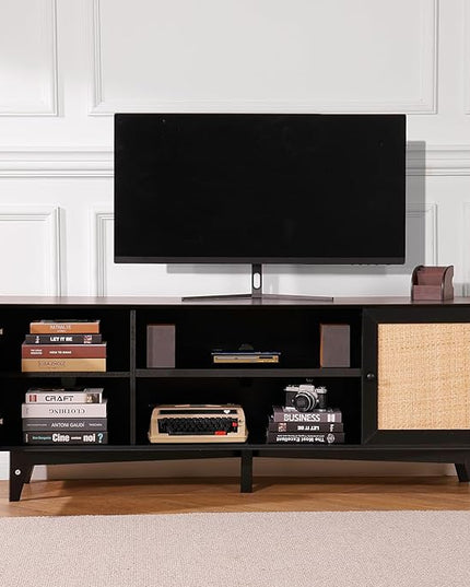 VEVOR Rattan TV Stand for 75in TV, Boho TV Stand with Rattan Door, Entertainment Center with Build-in Socket, Storage Cabinet with 2 Shelves, Modern TV Console for Living Room, Media Room, Black - LeafyLoom
