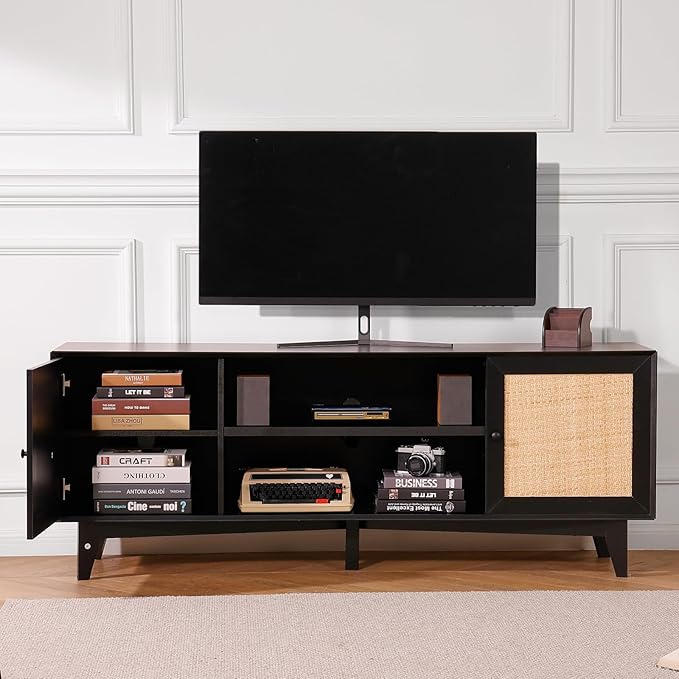 VEVOR Rattan TV Stand for 75in TV, Boho TV Stand with Rattan Door, Entertainment Center with Build-in Socket, Storage Cabinet with 2 Shelves, Modern TV Console for Living Room, Media Room, Black - LeafyLoom