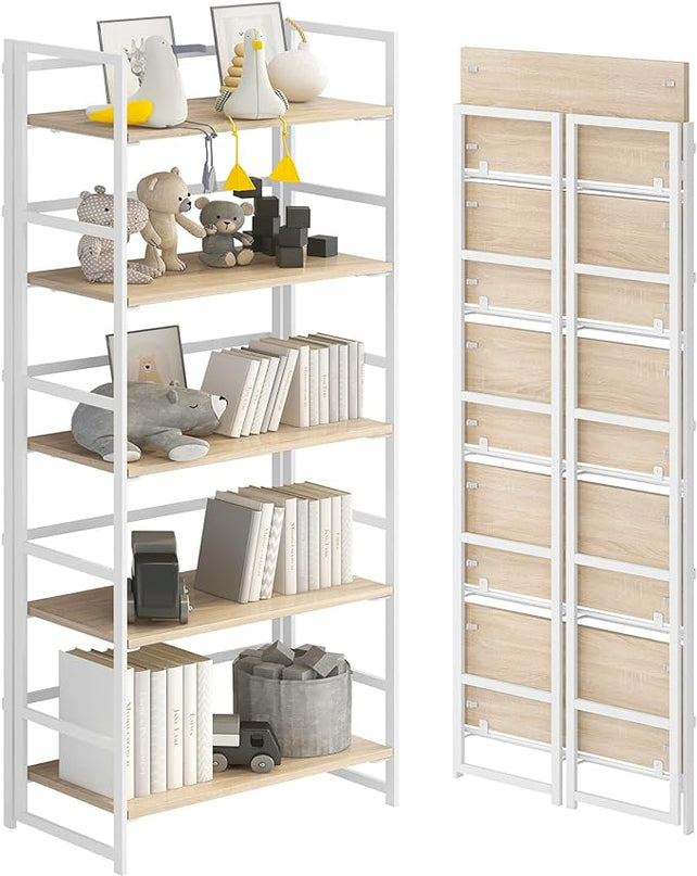 No-Assembly Folding Bookshelf Storage Shelves 5 Tiers Vintage Multifunctional Plant Flower Stand Storage Rack Shelves Bookcase for Home Office (White) - LeafyLoom