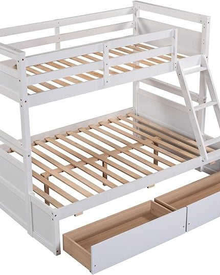 Bunk Bed Frame, Twin Over Full Bunk Bed with Safety Guardrail, Staircase and 2 Underbed Storage Drawers, Ideal Bed Frame for Kids Teens Girls Boys, Space Saving Bedroom Furniture, White - LeafyLoom