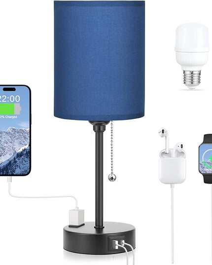 Blue Table Lamps 3 Color Temperatures - 2700K 3500K 5000K Bedside Lamps with USB C and A Ports, Pull Chain Lamps for Bedrooms with AC Outlet, Nightstand Lamps with Black Metal Base for Kids Boys - LeafyLoom
