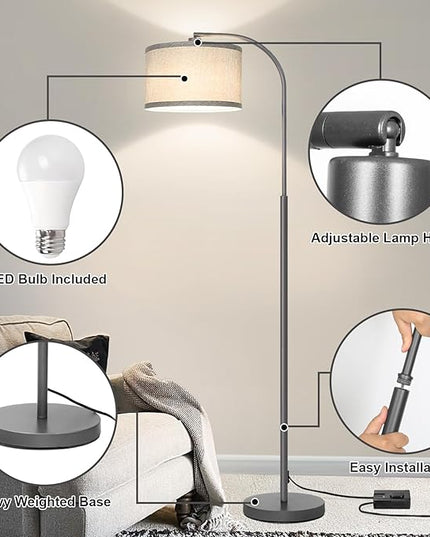 Boncoo Dimmable Floor Lamp, Arc Floor Lamps for Living Room, Stepless Dimmable Standing Lamp with Adjustable Drum Shade, Modern Arched Corner Light for Bedroom, Office, LED Bulb Included - LeafyLoom