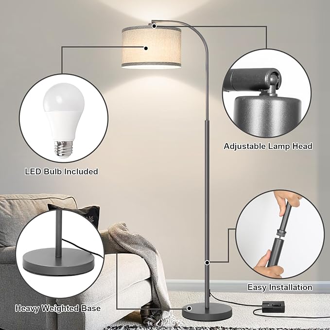 Boncoo Dimmable Floor Lamp, Arc Floor Lamps for Living Room, Stepless Dimmable Standing Lamp with Adjustable Drum Shade, Modern Arched Corner Light for Bedroom, Office, LED Bulb Included - LeafyLoom