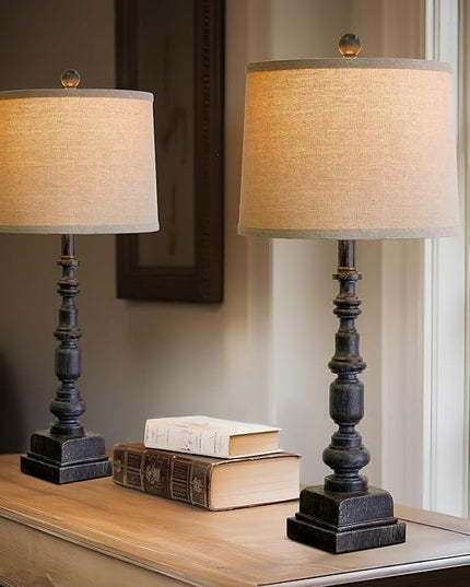 Oneach 27.75” Vintage Farmhouse USB A+C Table Lamps Set of 2 for Living Room Bedroom Traditional Bedside Nightstand Lamp Retro Resin Lamps Linen Shade Nightstand Home Office Antique Black Accent - LeafyLoom