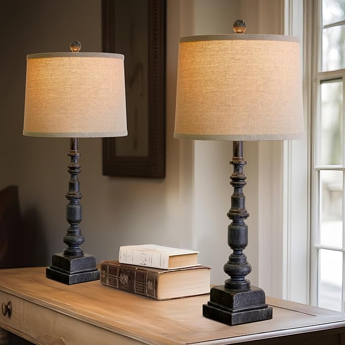 Oneach 27.75” Vintage Farmhouse USB A+C Table Lamps Set of 2 for Living Room Bedroom Traditional Bedside Nightstand Lamp Retro Resin Lamps Linen Shade Nightstand Home Office Antique Black Accent - LeafyLoom