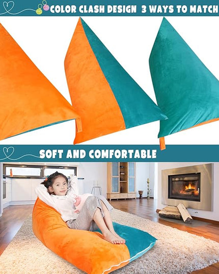 Stuffed Animal Storage Bean Bag Chair Cover, Velvet Turquoise Orange Plush Toy Storage Stuff and Sit Seat for Kids/Teens/Adults, 52" x 31" Extra Large Triangle Sofa, 200L/52Gal, Cover Only - LeafyLoom
