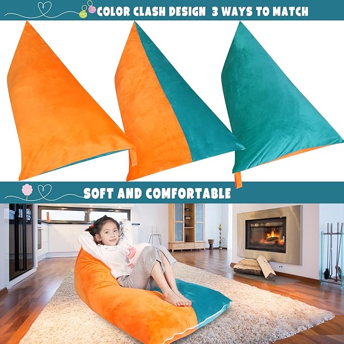 Stuffed Animal Storage Bean Bag Chair Cover, Velvet Turquoise Orange Plush Toy Storage Stuff and Sit Seat for Kids/Teens/Adults, 52" x 31" Extra Large Triangle Sofa, 200L/52Gal, Cover Only - LeafyLoom