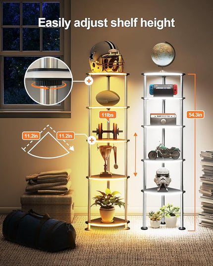 Floor Lamp, Corner Standing Lamp with Shelves, Dimmable Light, Music Sync, Timing, Wireless Charger, and USB Port (Black, 5 Tiers) - LeafyLoom
