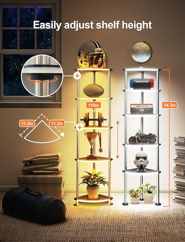 Floor Lamp, Corner Standing Lamp with Shelves, Dimmable Light, Music Sync, Timing, Wireless Charger, and USB Port (Black, 5 Tiers) - LeafyLoom