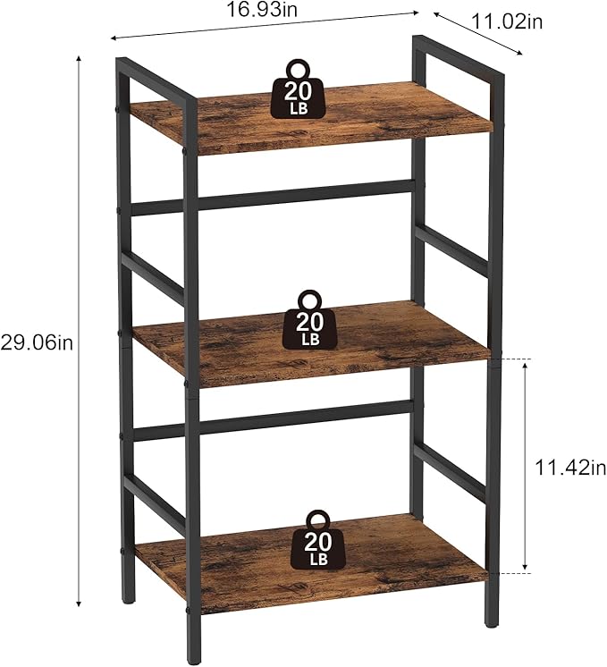 DOMYDEVM Small Bookshelf with Storage Organizer Shelf 3-Tier Wood Book Shelves with Metal Frame for Home Office, Bedroom, Living Room, Rustic Brown Bookshelf - LeafyLoom