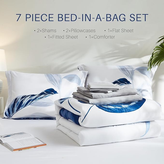 WRENSONGE Queen Comforter Set, 7 Pieces Blue Floral Comforter Set with Sheets for Queen Size Bed, Leaf Pattern Queen Bedding Set, Soft Lightweight Breathable Microfiber Bed in a Bag for All Seasons - LeafyLoom