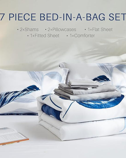 WRENSONGE King Size Comforter Set, 7 Pieces Blue Floral Comforter Set with Sheets for King Size Bed, Leaf Pattern King Bedding Set, Soft Breathable Microfiber Bed in a Bag King for All Seasons - LeafyLoom