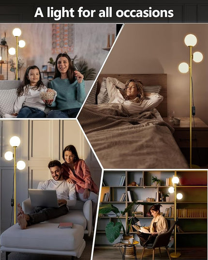 Mid Century Modern Floor Lamp for Living Room, 3 Globe Lights Tall Gold Standing Lamp with Frosted Glass Shades and Bulbs Included, Dimmable Vintage Floor Lamps for Bedroom Office Reading - LeafyLoom