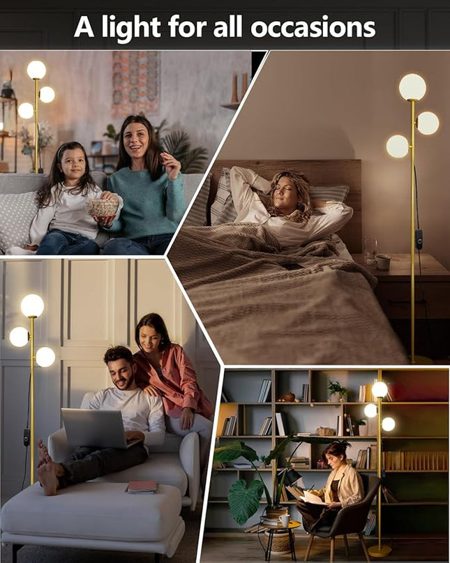 Mid Century Modern Floor Lamp for Living Room, 3 Globe Lights Tall Gold Standing Lamp with Frosted Glass Shades and Bulbs Included, Dimmable Vintage Floor Lamps for Bedroom Office Reading - LeafyLoom