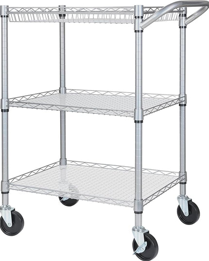 3 Tier Heavy Duty Rolling Utility Cart,18" D x 23.8" W x 36.6" H Rolling Carts with Wheels,Commercial Grade Metal Cart with Handle Bar & Shelf Liner,Trolley Serving Storage Cart for Kitchen Silver - LeafyLoom