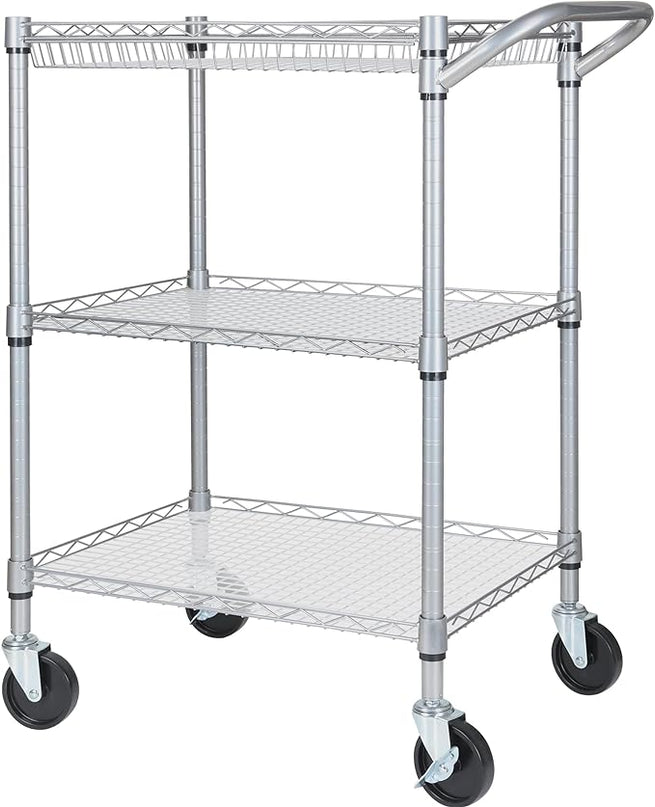3 Tier Heavy Duty Rolling Utility Cart,18" D x 23.8" W x 36.6" H Rolling Carts with Wheels,Commercial Grade Metal Cart with Handle Bar & Shelf Liner,Trolley Serving Storage Cart for Kitchen Silver - LeafyLoom
