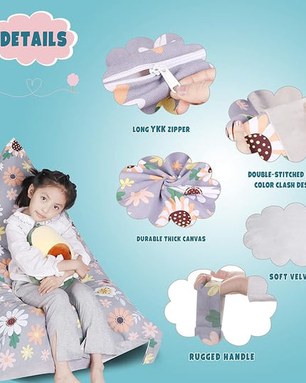 Stuffed Animal Storage Bean Bag Chair Cover, Velvet Canvas Gray Sunflower Plush Toy Storage Stuff and Sit Seat for Kids/Teens/Adults, 52" x 31" Extra Large Sofa, 200L/52Gal, Cover Only - LeafyLoom