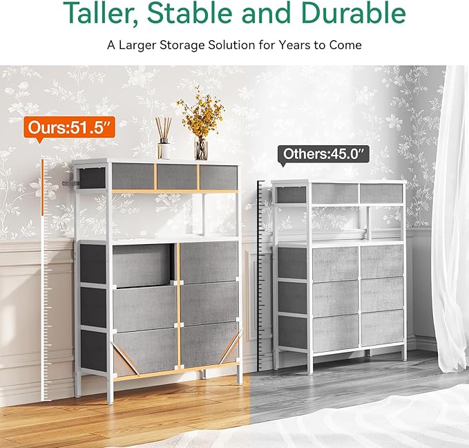 AODK Dresser with Charging Station, 52 Inches Tall Dresser for Bedroom with 9 Storage Drawers, Large Fabric Dressers for Living Room, Hallway, Light Grey - LeafyLoom
