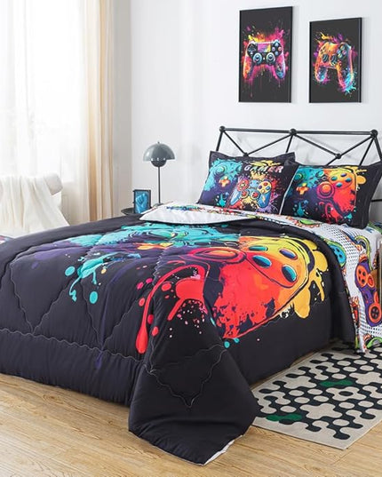 ADASMILE A & S Gamer Comforter Sets for Boys Teens 6 Pieces Gaming Bedding Set Full Size Colorful Video Game Gaming Comforter for Kids Gamer Bed in A Bag Comforter with Gamer Sheets Home Decor - LeafyLoom