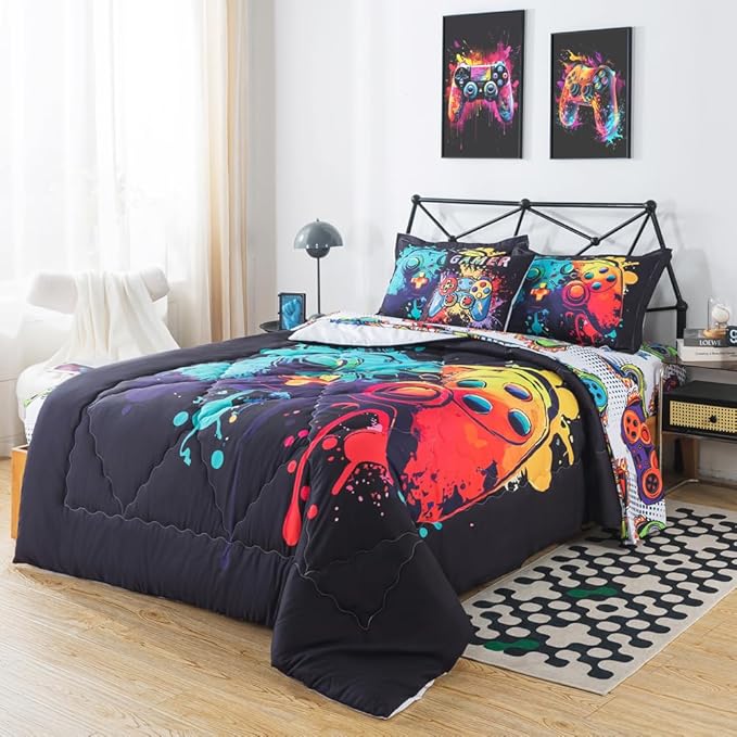 ADASMILE A & S Gamer Comforter Sets for Boys Teens 6 Pieces Gaming Bedding Set Full Size Colorful Video Game Gaming Comforter for Kids Gamer Bed in A Bag Comforter with Gamer Sheets Home Decor - LeafyLoom