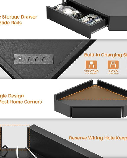 armocity Triangular Computer Desk with Outlets, Wall-Mounted Desk for Small Space, Floating Corner Table with Drawer, USB Ports, Home Office, Bedroom, Black - LeafyLoom