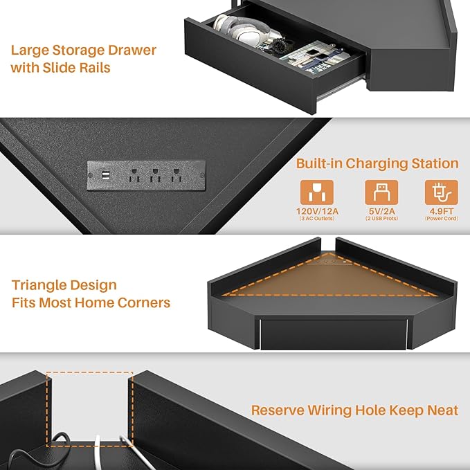armocity Triangular Computer Desk with Outlets, Wall-Mounted Desk for Small Space, Floating Corner Table with Drawer, USB Ports, Home Office, Bedroom, Black - LeafyLoom